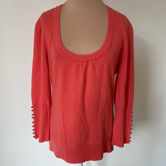 Beth Bowley Sweaters - Beth Bowley Coral Cashmere Pearl Button Cuff U-Neck Sweater NWT Size Large $220